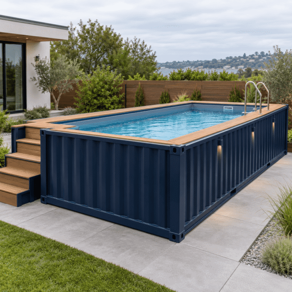 Shipping container swimming pool with steel exterior
