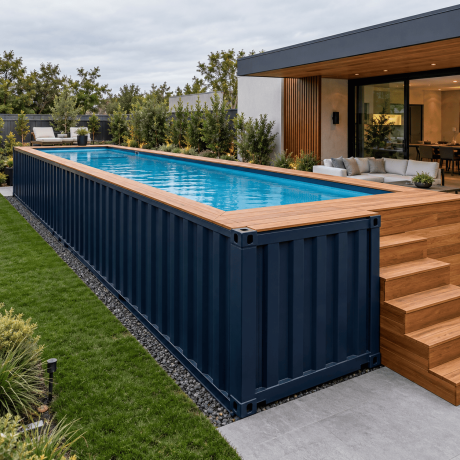 Outdoor view of a container swimming pool demonstrating how the rectangular pool format can fit into a residential, recreational, or commercial outdoor environment.