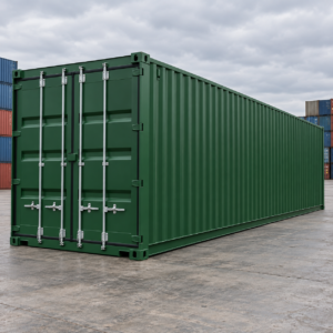Multiple 45 ft shipping containers stacked in a Ghanaian port, highlighting their role in international trade.