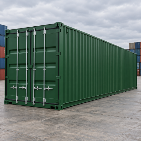 Multiple 45 ft shipping containers stacked in a Ghanaian port, highlighting their role in international trade.